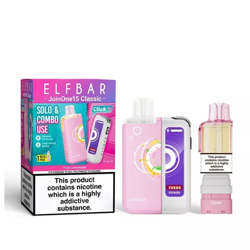 Elf Bar JoinOne15 Vape Kit Pink Lemonade Flavour with a 2ml pod and 10ml Refill Container giving up to 20,000 Puffs - 1000mAh + 150mAh Battery powering 3 different Power Modes (Base - Mid - Turbo) and a Dynamic HD Screen.