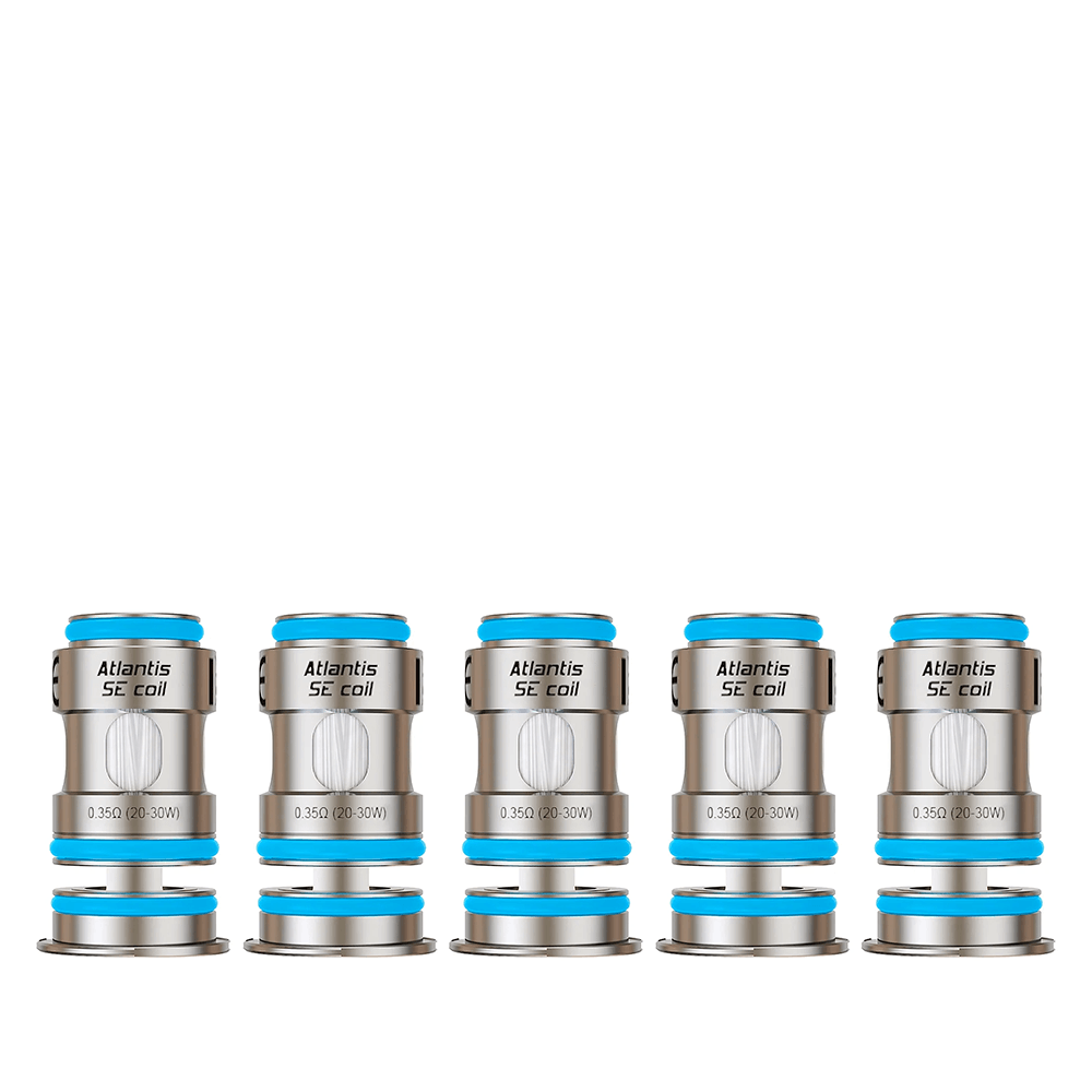 Five Aspire Atlantis SE replacement coils in a row, featuring blue accents.