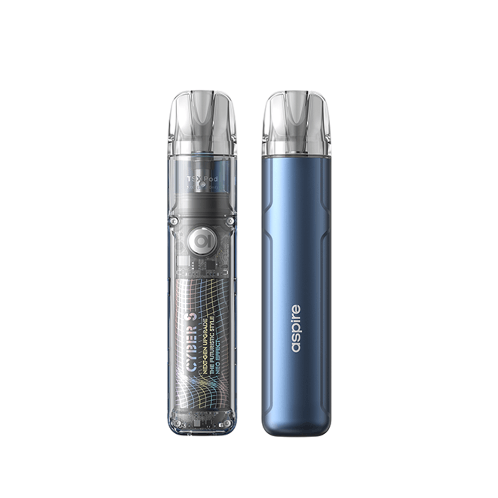 Aspire Cyber S Pod Kit in transparent and blue designs, sleek and modern.