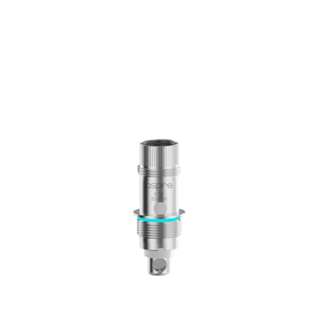 Silver Aspire Nautilus 2S coil 0.70 ohm mesh with engraved text, blue ring detail, and threading at the base.