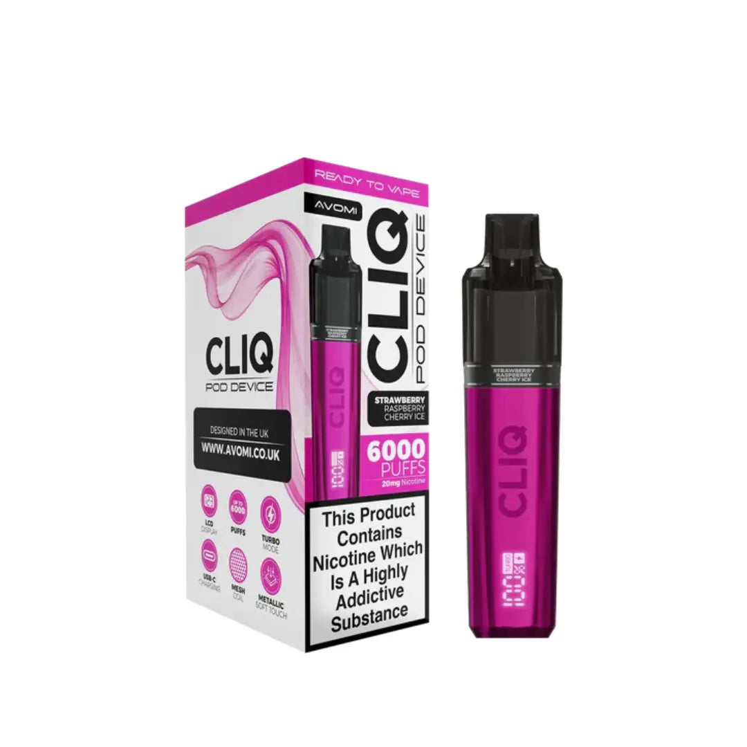 Avomi Cliq 6K Prefilled Pod Vape Kit Strawberry Raspberry Cherry Ice Flavour
