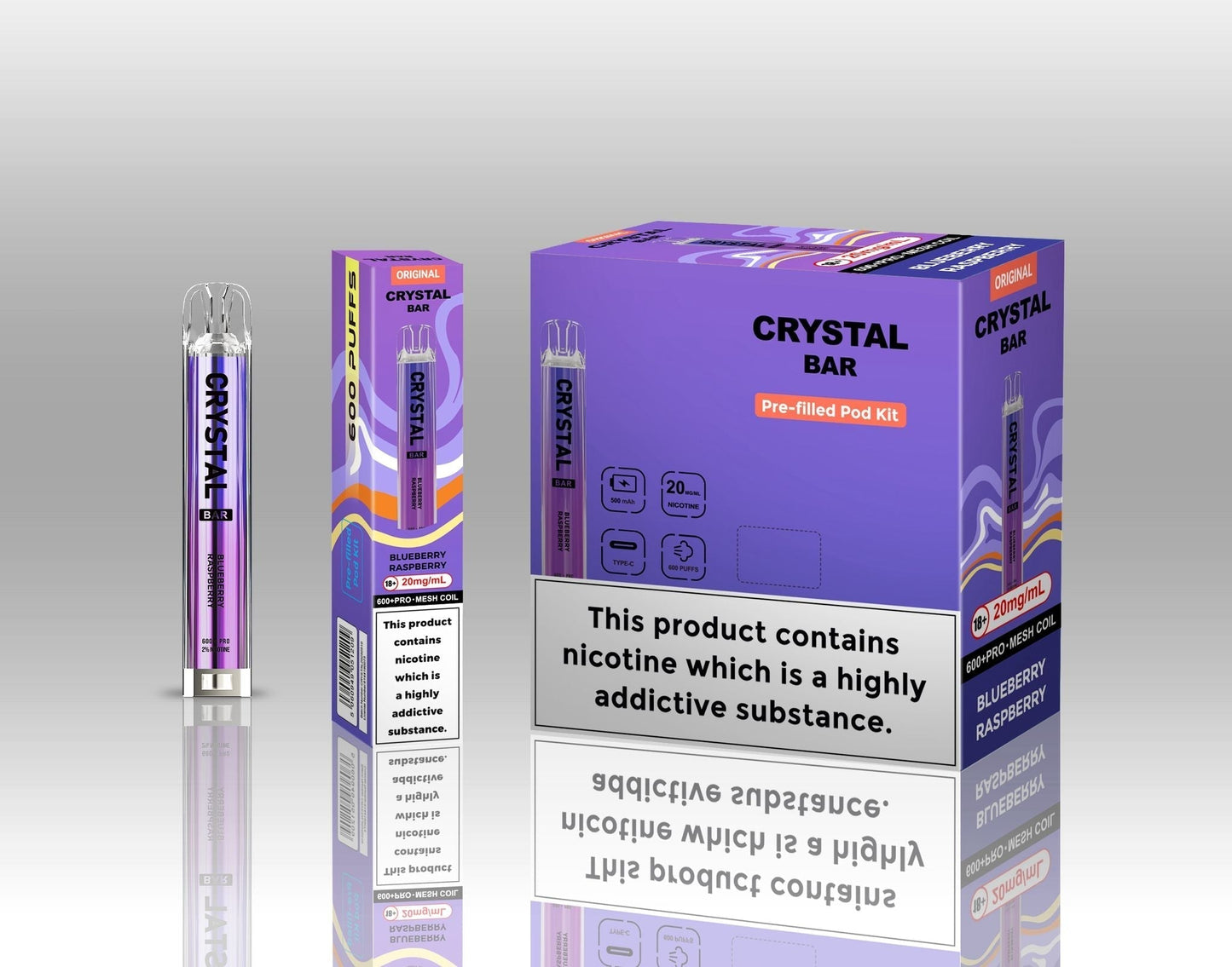 Crystal Bar Original 600 Prefilled Pod Kit Pack of 10, Blueberry Raspberry Flavour