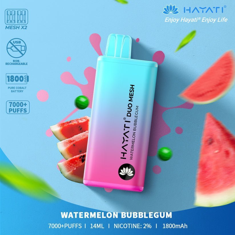 Hayati Duo Mesh 7000 Puff Prefilled Vape Pod Kit Box of 10, Watermelon Bubblegum Flavour