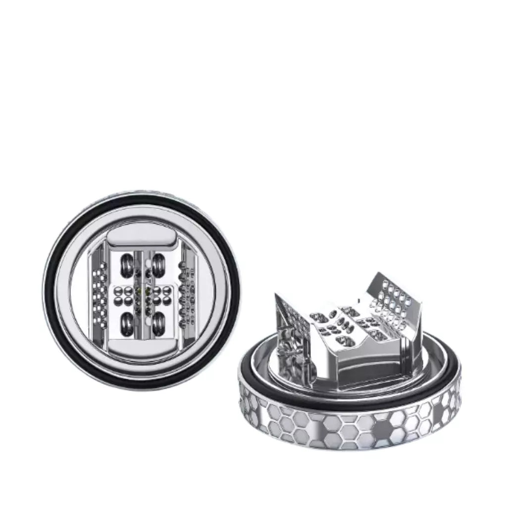 Close up of Hellvape Dead Rabbit 4 RTA Dual coil build deck with upgraded 48-hole airflow.