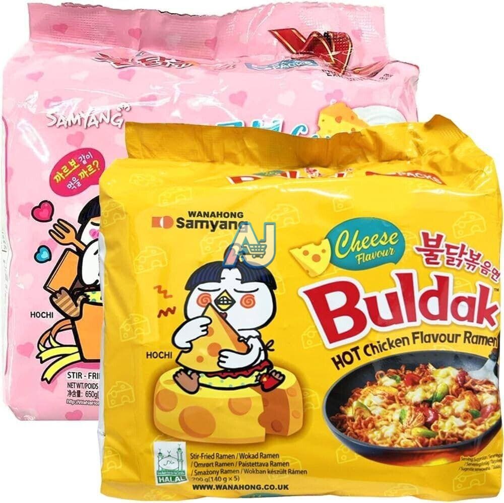 Samyang Hot Spicy Chicken Buldak Noodle Combo - Carbonara 5 Packs & Cheese 5 Pac