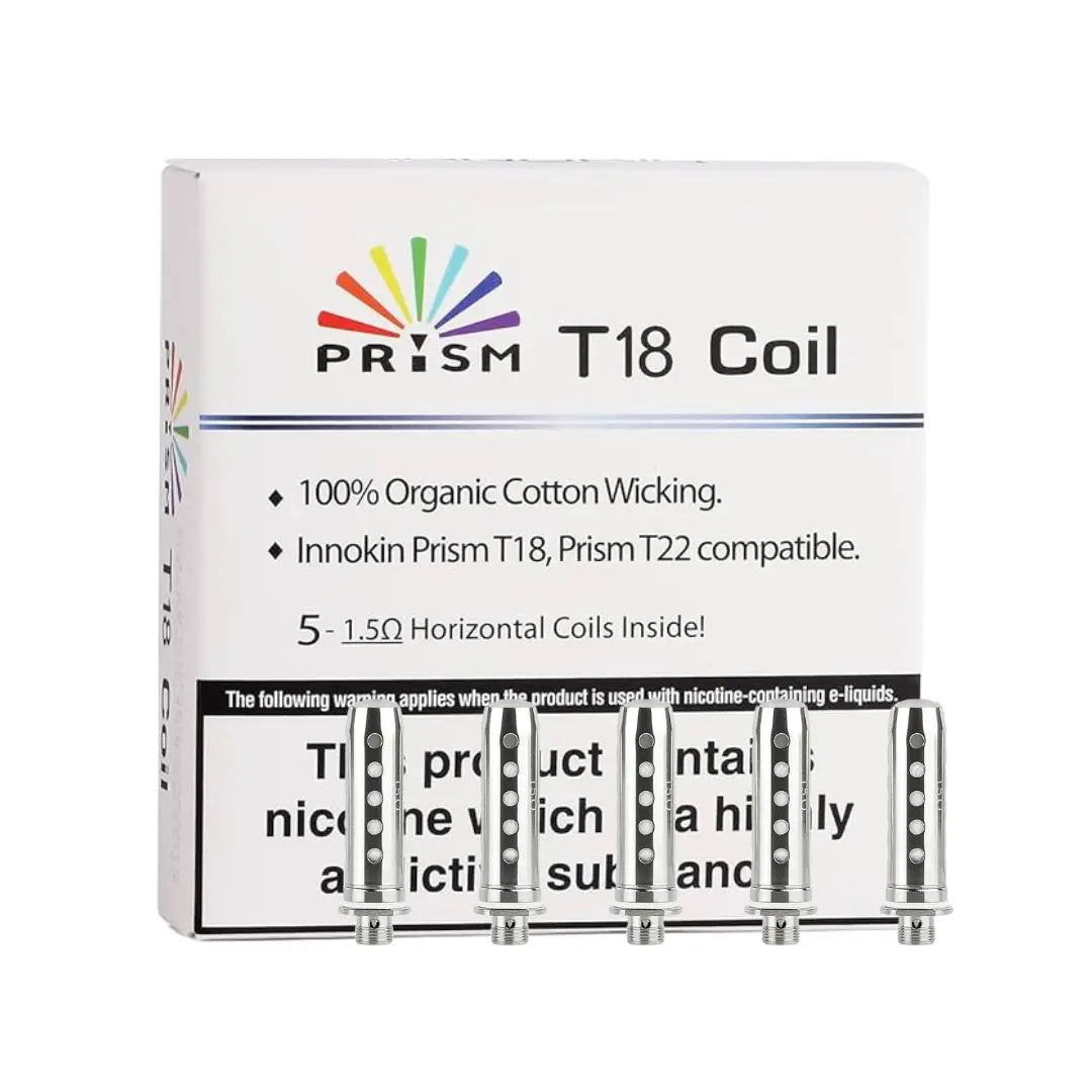 Box of Innokin Prism coils and box T18 1.5 ohm 5 pack with logo, highlighting organic cotton wicking and coil details.