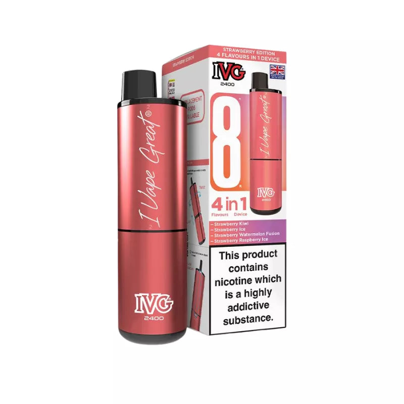 IVG 2400 Rechargeable 4 in 1 prefilled pod kit. Legal UK - Strawberry Edition Multi-Flavour Edition.