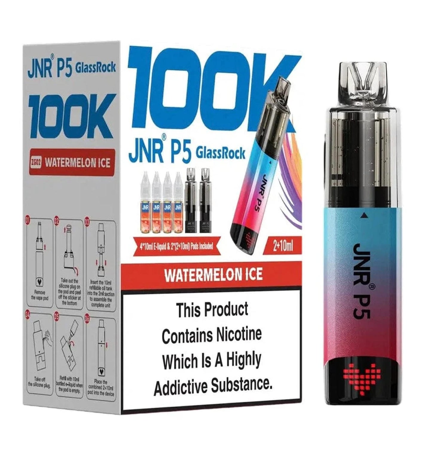 JNR P5 GlassRock 100k Refillable Pod Kit Pack Of 3, Watermelon Ice Flavour