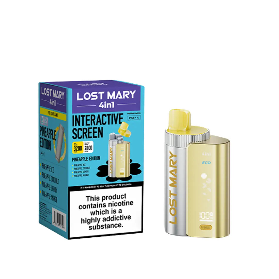 Lost Mary 4-in-1 Pre-Filled Pod Vape Kit Pineapple Edtion 4 flavours in 1 - Pineapple Ice - Pineapple Coconut - Pineapple Lemon - Pineapple Mango
