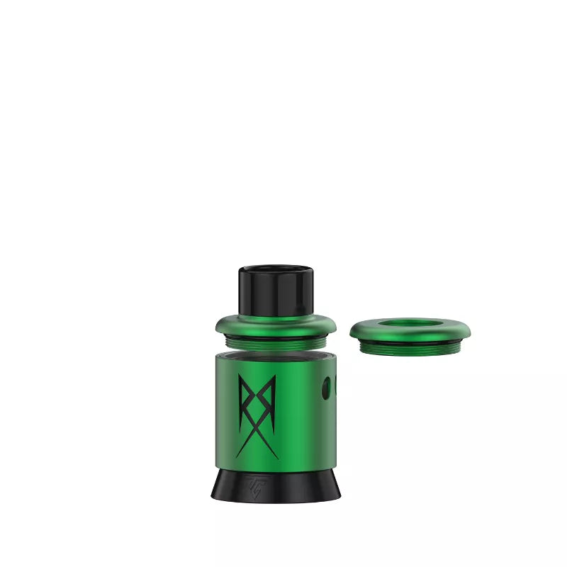 Recoil R3 Single Coil RDA in Green displaying the different Cap Options for 510 and 810 Drip Tips.