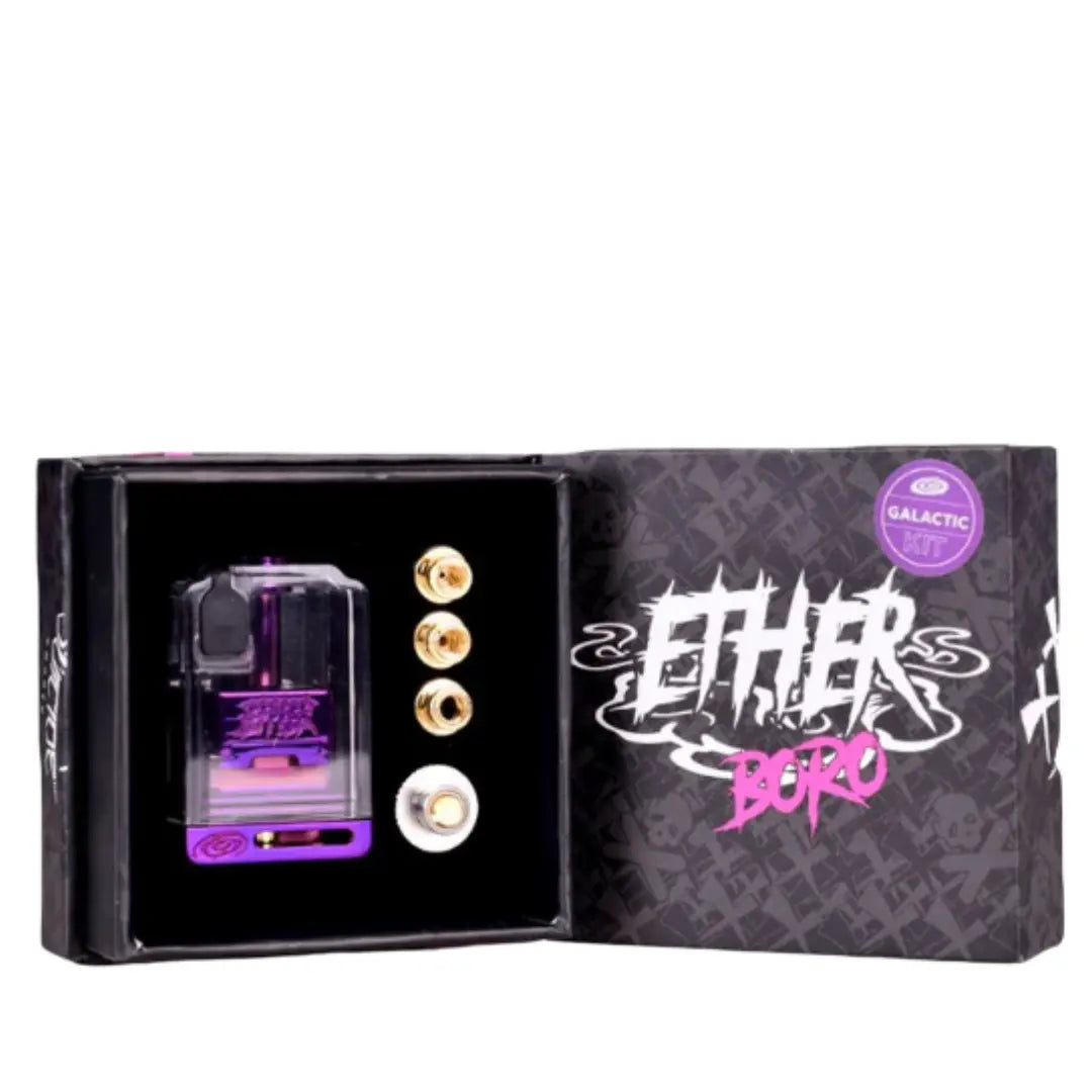 suicide mods ether boro lite kit in galactic purple displaying the RBA, boro tank and air flow pins