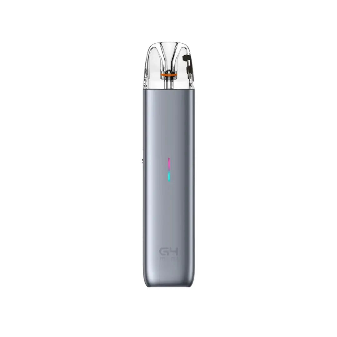 G4 Mini pod vape kit in Slate Grey with a transparent top mouthpiece, visible coil, and a vertical LED indicator on the front