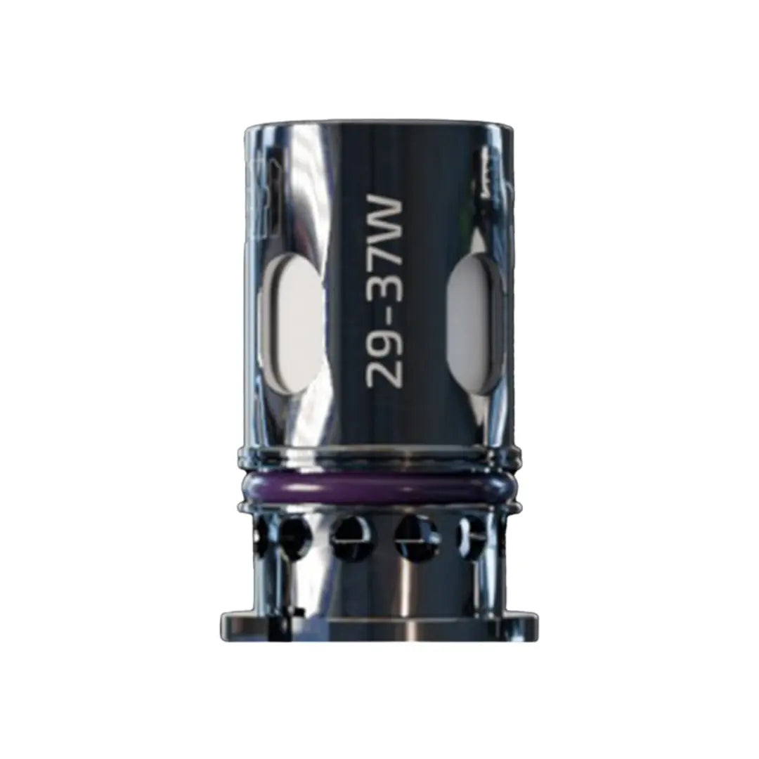 A close-up image of the Vaperz Cloud VC Temp Tech 0.4-ohm coil, showcasing its metallic cylindrical design with "29-37W" printed on the side. The coil features large oval-shaped e-liquid ports for enhanced wicking and a purple O-ring at the base for a tight and secure seal.