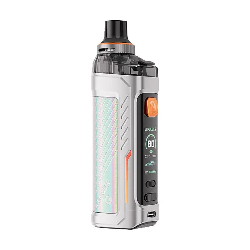Vaporesso Armour G Pod Vape Kit in silver with digital display and orange accents.