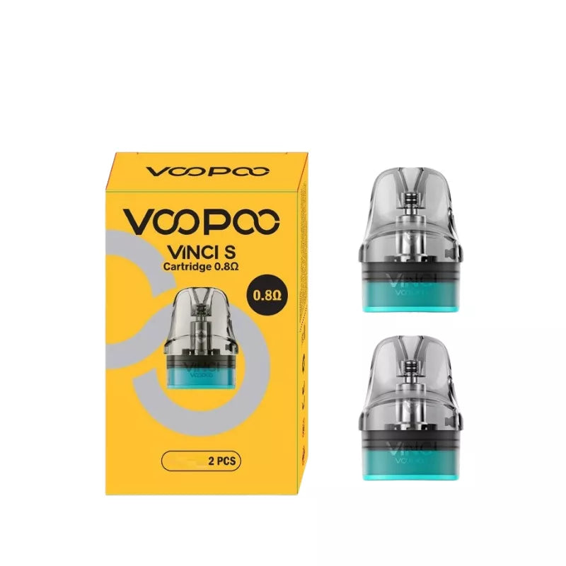 Voopoo Vinci S 0.8ohm replacement pods showing the yellow retail box alongside two clear pods with a teal base on a white background.