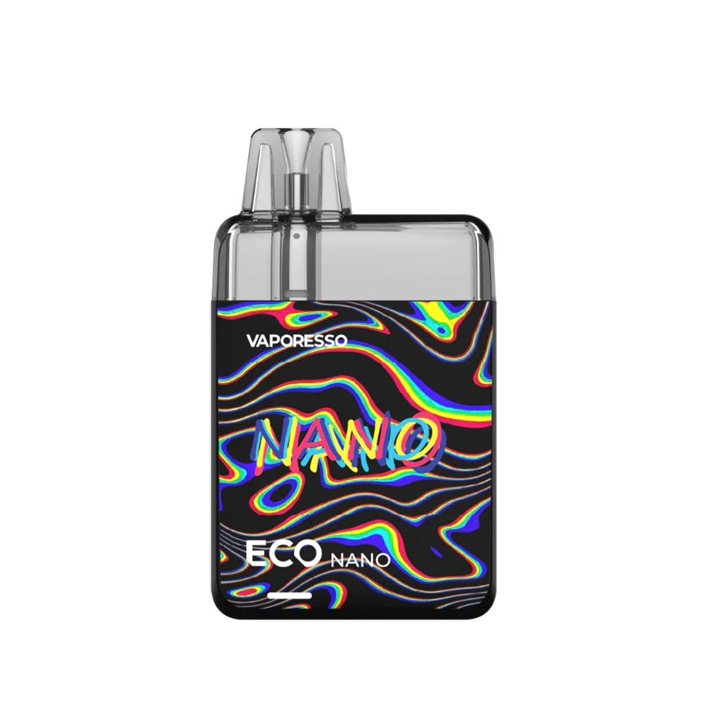 Vaporesso ECO Nano vape device with a colourful, wavy pattern on a black background.