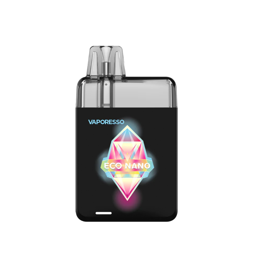 Vaporesso Eco Nano vape device with a colourful geometric design on a black background.