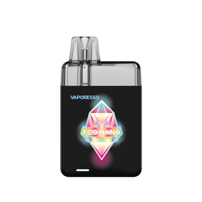 Vaporesso Eco Nano vape device with a colourful geometric design on a black background.