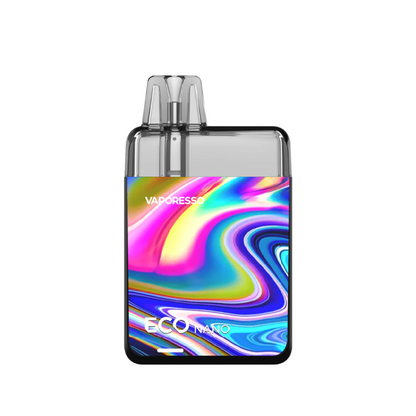Vaporesso ECO Nano vape with a vibrant, multicoloured design on a white background.