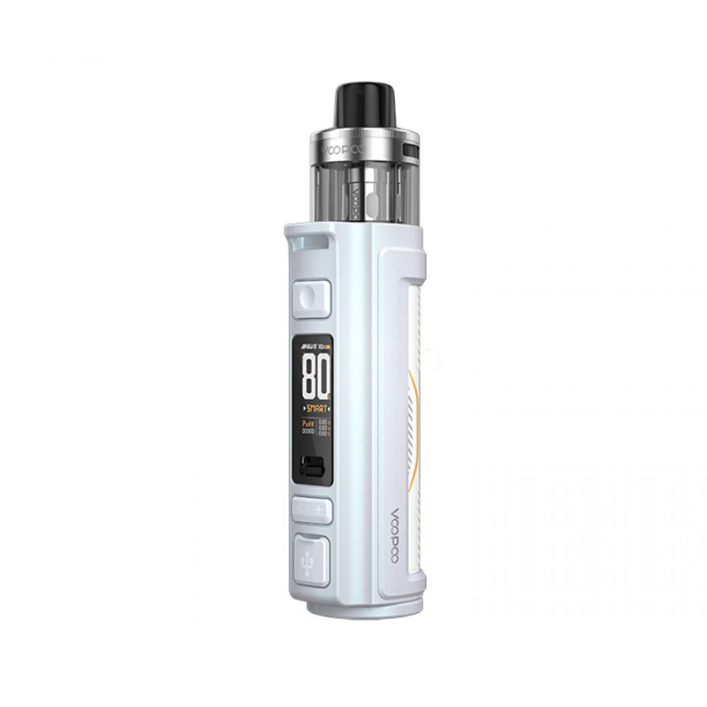 White Voopoo vape device with digital display and tank on top.