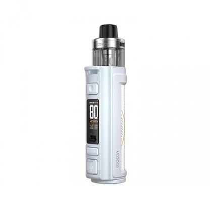 White Voopoo vape device with digital display and tank on top.