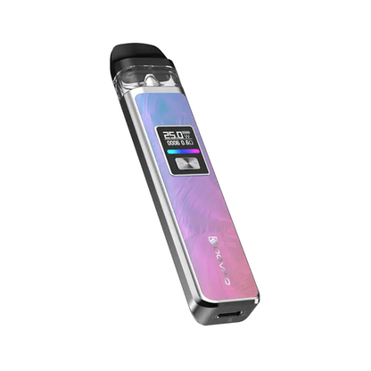 Purple and silver OXVA Xlim pod vape with digital display.