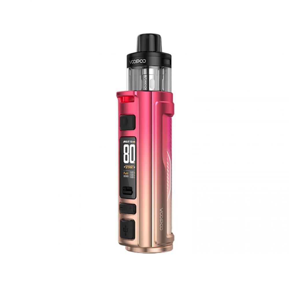 Voopoo vape device in gradient pink and gold, with digital display showing 80 watts.