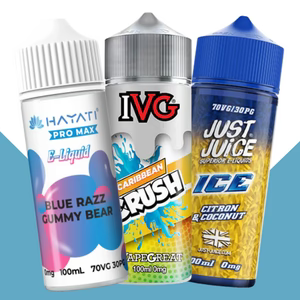 Three different bottles of e-liquid with colorful labels on a blue background