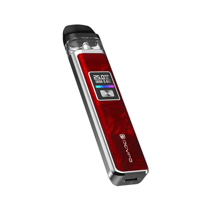 Red OXVA Xlim V2 vape pod with display screen showing wattage and settings.