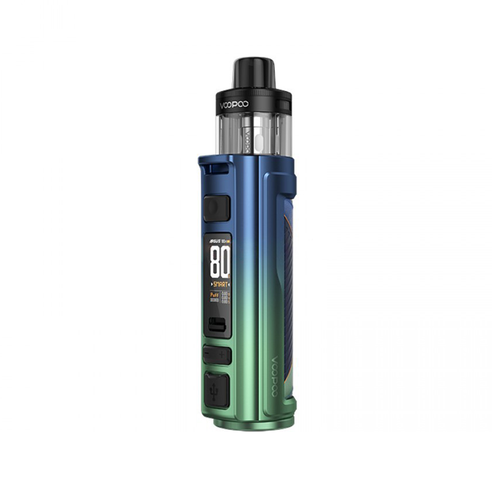 Voopoo Argus Pro vape device in blue-green gradient with a display and control buttons.