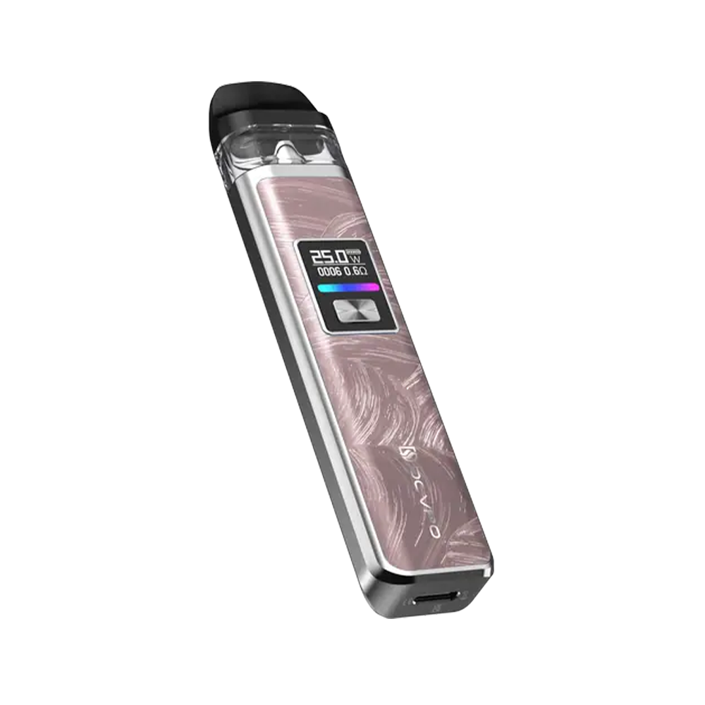 Vaporesso XROS 3 vape device with a pink, textured design and digital display screen.