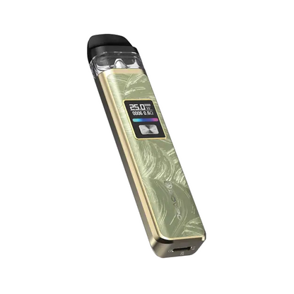 A gold Voopoo vape device with a digital screen displaying wattage and ohm settings.