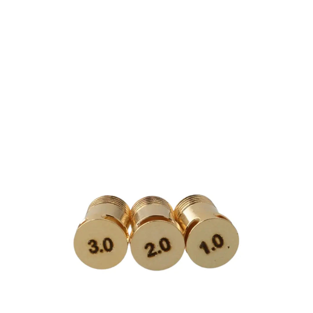 The image showcases three gold-plated airflow pins for the 5Avape Monarchy IMobb Style RBA. Each pin is precision-engineered with diameter labels of 3.0 mm, 2.0 mm, and 1.0 mm, allowing for customisable airflow control. These pins ensure optimal flavour and vapour production, catering to a variety of vaping preferences from tight mouth-to-lung (MTL) to restricted direct-to-lung (RDL) styles. The durable gold plating provides enhanced conductivity and longevity, making them an essential accessory for advance