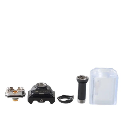 The image showcases the disassembled components of the 5Avape Monarchy IMobb Style RBA. From left to right, it includes the RBA deck, base platform with engraved branding, chimney piece, supporting ring, and frosted outer tank shell. These parts highlight the modular design, allowing vapers to customise and build their setups efficiently. Perfect for experienced users seeking a tailored vaping experience.
