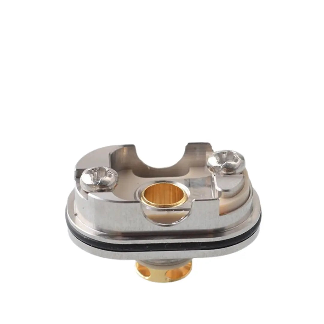 5Avape Monarchy IMobb Style RBA deck, featuring a compact and precision-engineered build platform. The deck includes two secure screw terminals for coil placement, a central gold-plated connection for optimal conductivity, and deep wicking channels to enhance e-liquid absorption. The high-quality stainless steel construction ensures durability and performance, catering to advanced vapers seeking efficient builds and customisation.