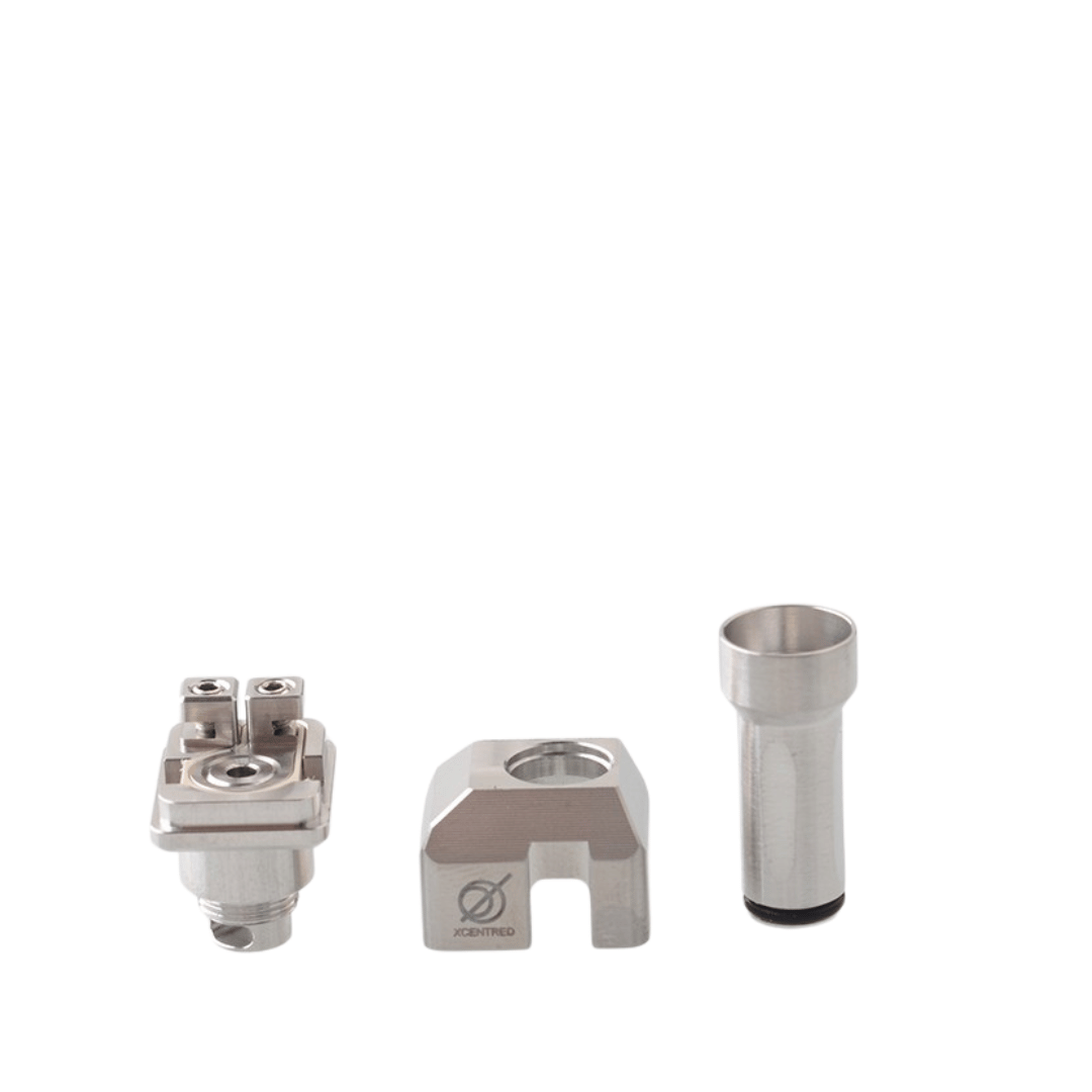 Dismantled 5AVape Psychomod Xcentred RBA, showcasing its stainless steel components.