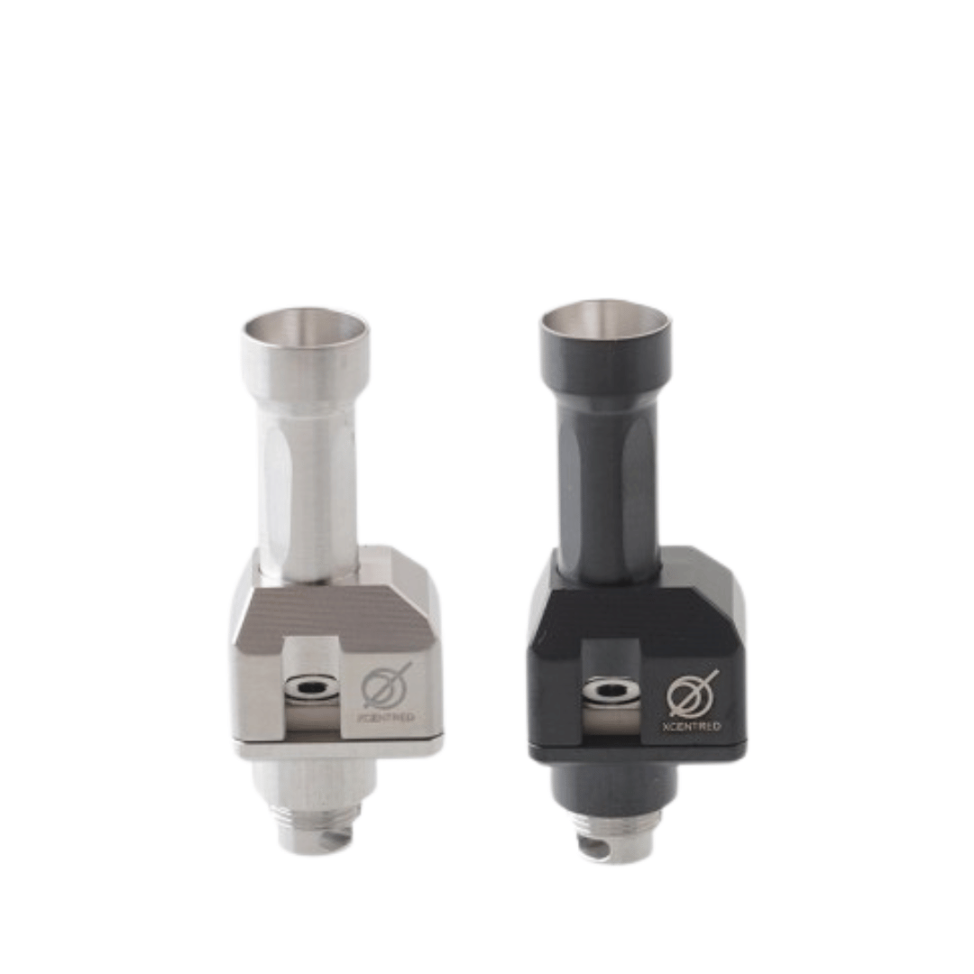 Two 5AVape Psychomod Xcentred Style RBA units, one silver and one black, side by side.