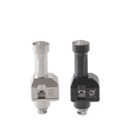 Two 5AVape Psychomod Xcentred Style RBA units, one silver and one black, side by side.