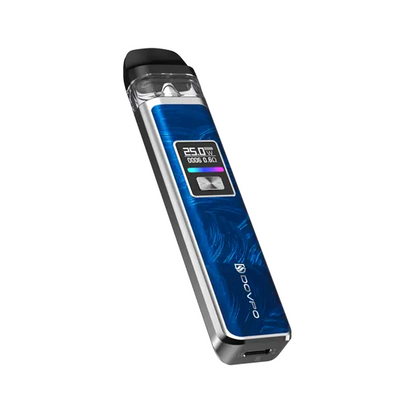 VooPoo NOVO vape pod, sleek blue design with digital display showing wattage and settings.