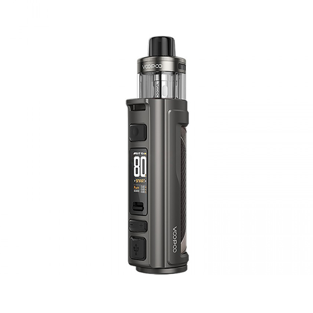 Voopoo Argus Pro vape mod in grey, displaying an 80W screen and USB port.