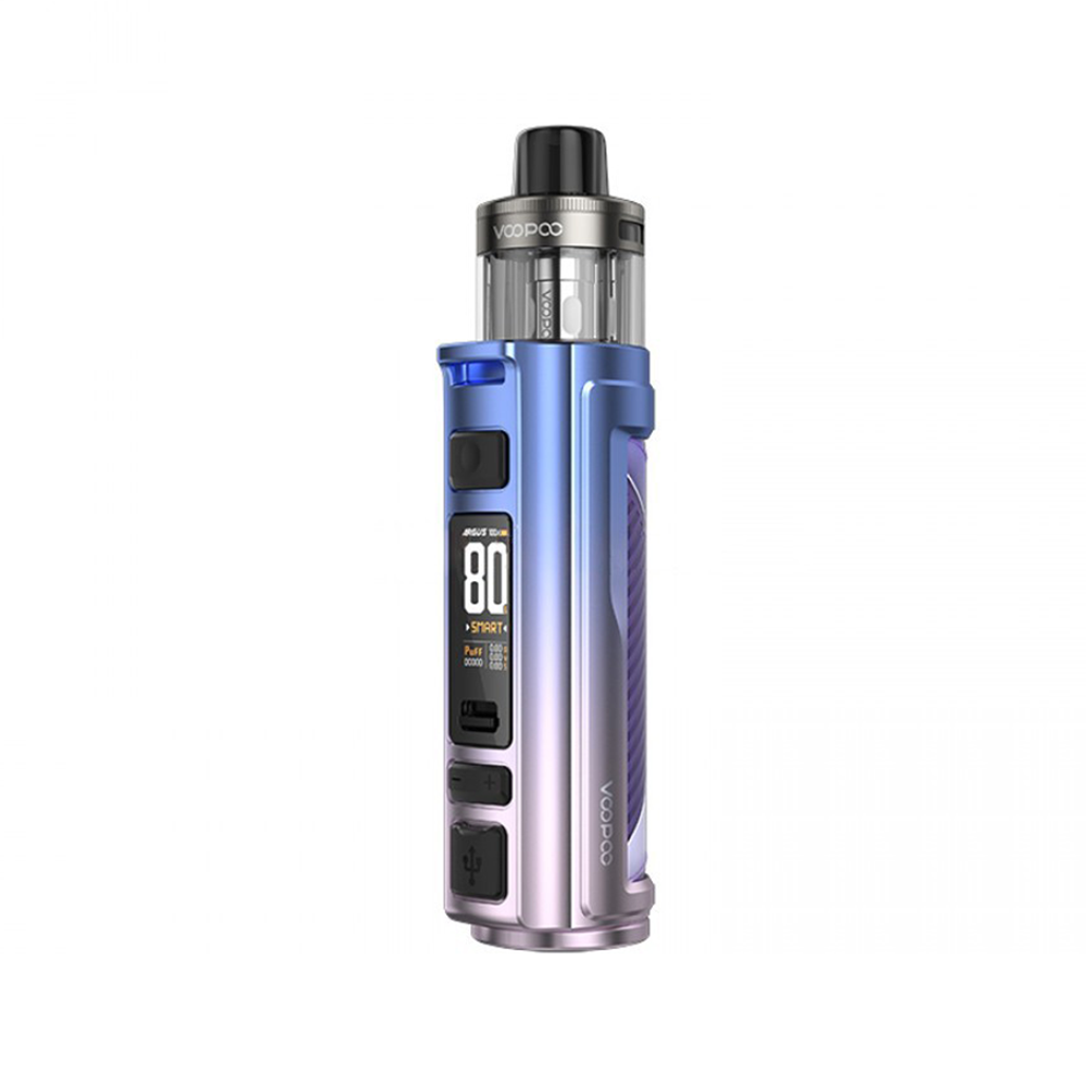 Voopoo vape device in blue and purple gradient, with a digital display showing 80 watts.