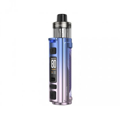 Voopoo vape device in blue and purple gradient, with a digital display showing 80 watts.