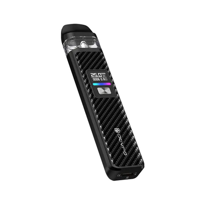 Sleek black Voopoo vape device with carbon fibre texture and digital display.