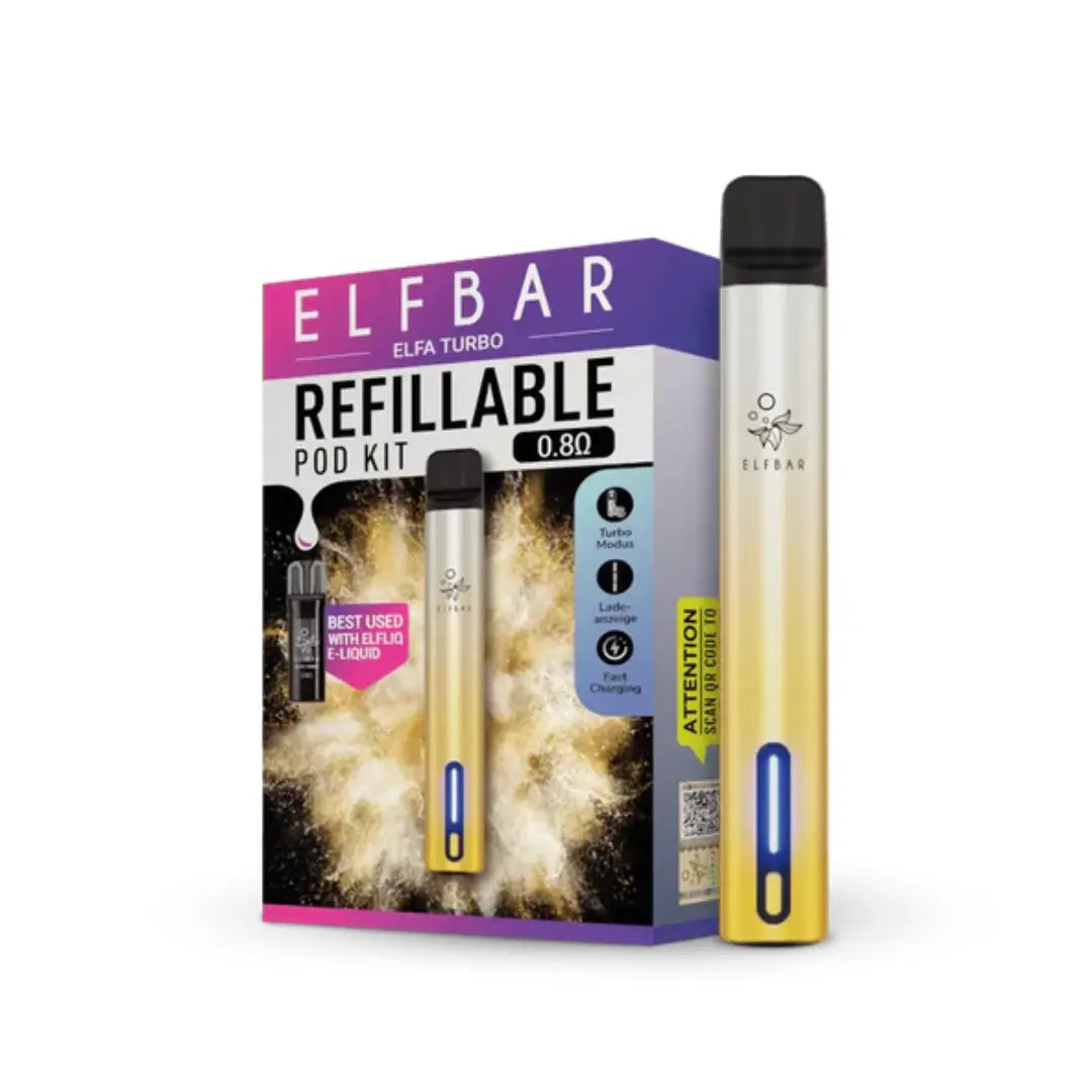 Elf Bar Elfa Turbo Refillable Pod Vape Kit in Aurora Gold Colour perfect for nic salt vape juice