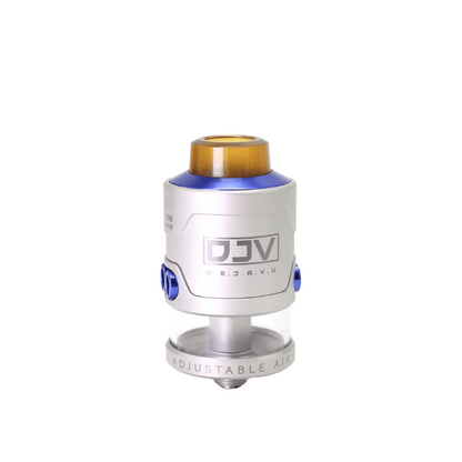 DJV RDTA V2 in silver with adjustable airflow and gold drip tip, by DEJAVU.