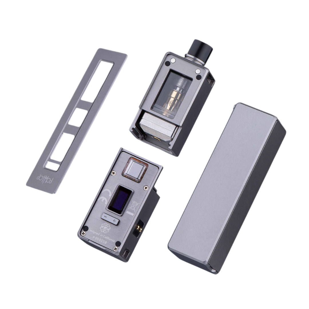 Dotmod DotAIO X Essential Vape Kit in silver, disassembled to show internal components.