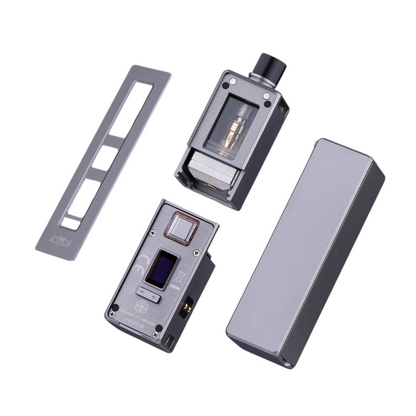Dotmod DotAIO X Essential Vape Kit in silver, disassembled to show internal components.