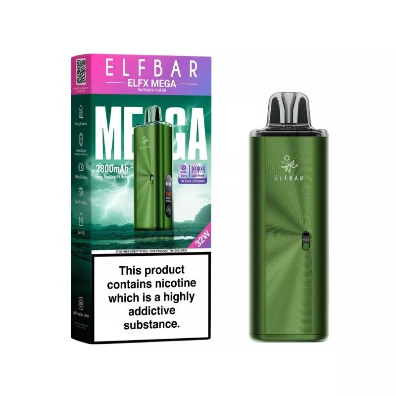 Elf Bar ELFX Mega Pod Vape Kit In Green Colour - built-in 2800mAh Battery Great to use Nic Salt Vape Juices