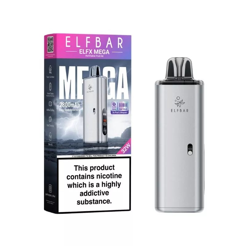 Elf Bar ELFX Mega Pod Vape Kit In Silver Colour - built-in 2800mAh Battery Great to use Nic Salt Vape Juices
