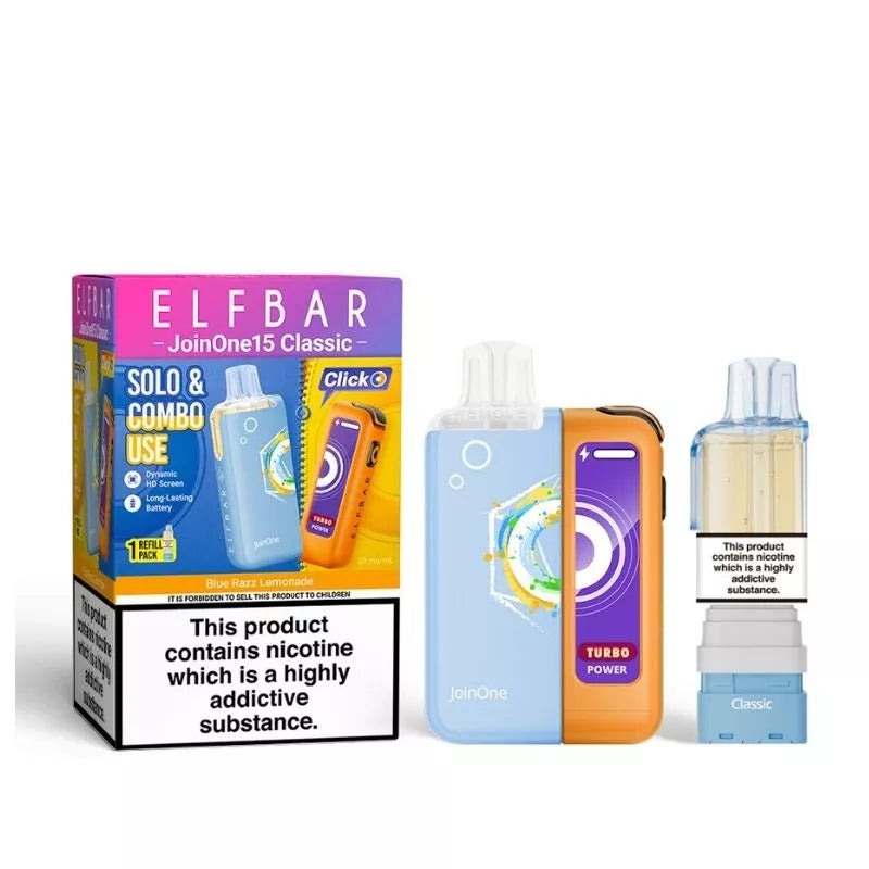 Elf Bar JoinOne15 Vape Kit Blue Razz Lemonade Flavour with a 2ml pod and 10ml Refill Container giving up to 20,000 Puffs - 1000mAh + 150mAh Battery powering 3 different Power Modes (Base - Mid - Turbo) and a Dynamic HD Screen.